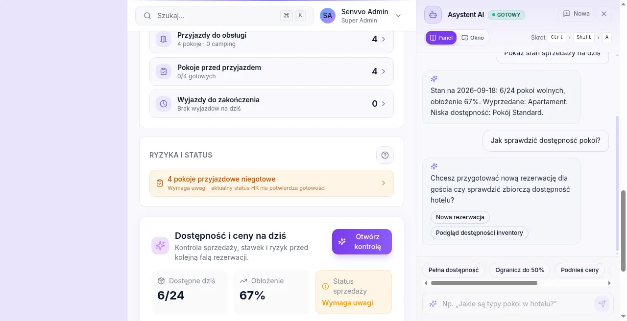 Zrzut produktu z platformy Senvvo: karta asystenta AI na pulpicie Hotel OS