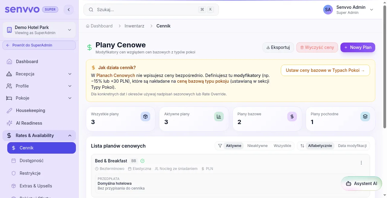 Zrzut produktu z platformy Senvvo: lista planów cenowych w module Cennik